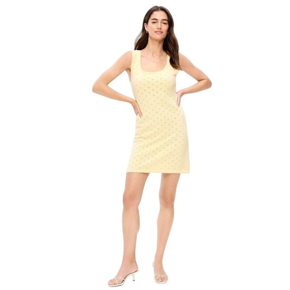 Old Navy NWT SoSoft Lite Pointelle Sweater Dress Yellow Scalloped Mini Medium